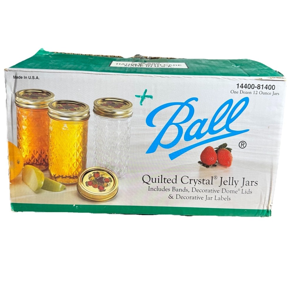 Ball 9 Pack Quilted Crystal Glass 12 oz Jelly Jars with Decorated Dome Lids